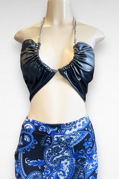 Chain Halter Faux Leather Crop Top