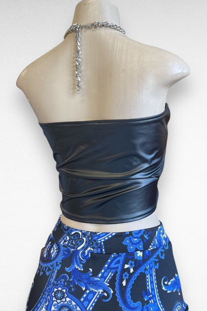 Chain Halter Faux Leather Crop Top