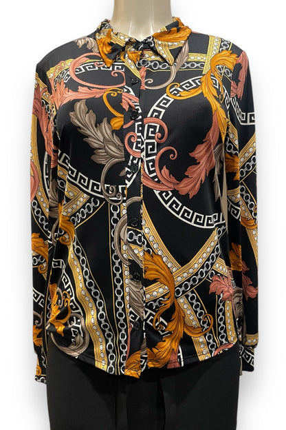 Chain Print Buttoned Blouse- Black