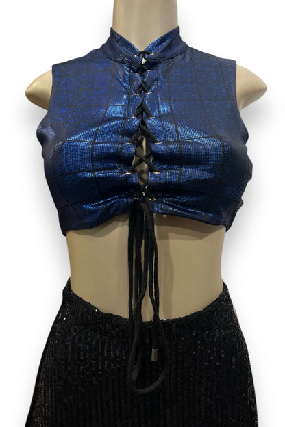 Checkered Lace Up Metallic Crop Top