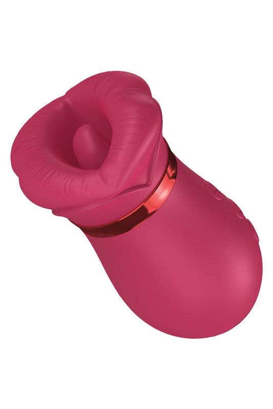 A red silicone personal massager with a textured, flared opening and a metallic rose gold accent band, shown on a plain white background.