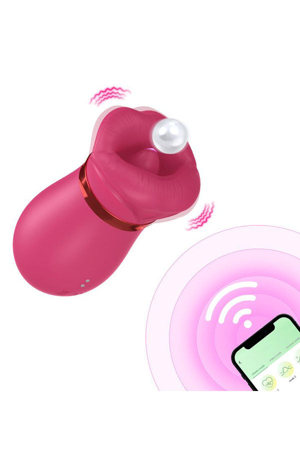 A red personal massager with a pearl-like tip and a metallic red accent band, shown on a white background with a pink wireless signal graphic and a smartphone app icon in the lower right.