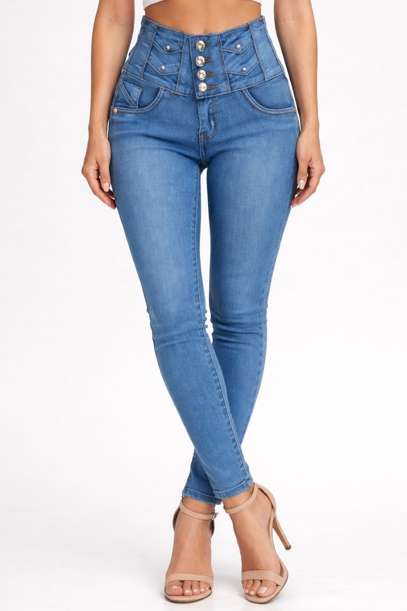 Blue jeans worn by a person on a white background