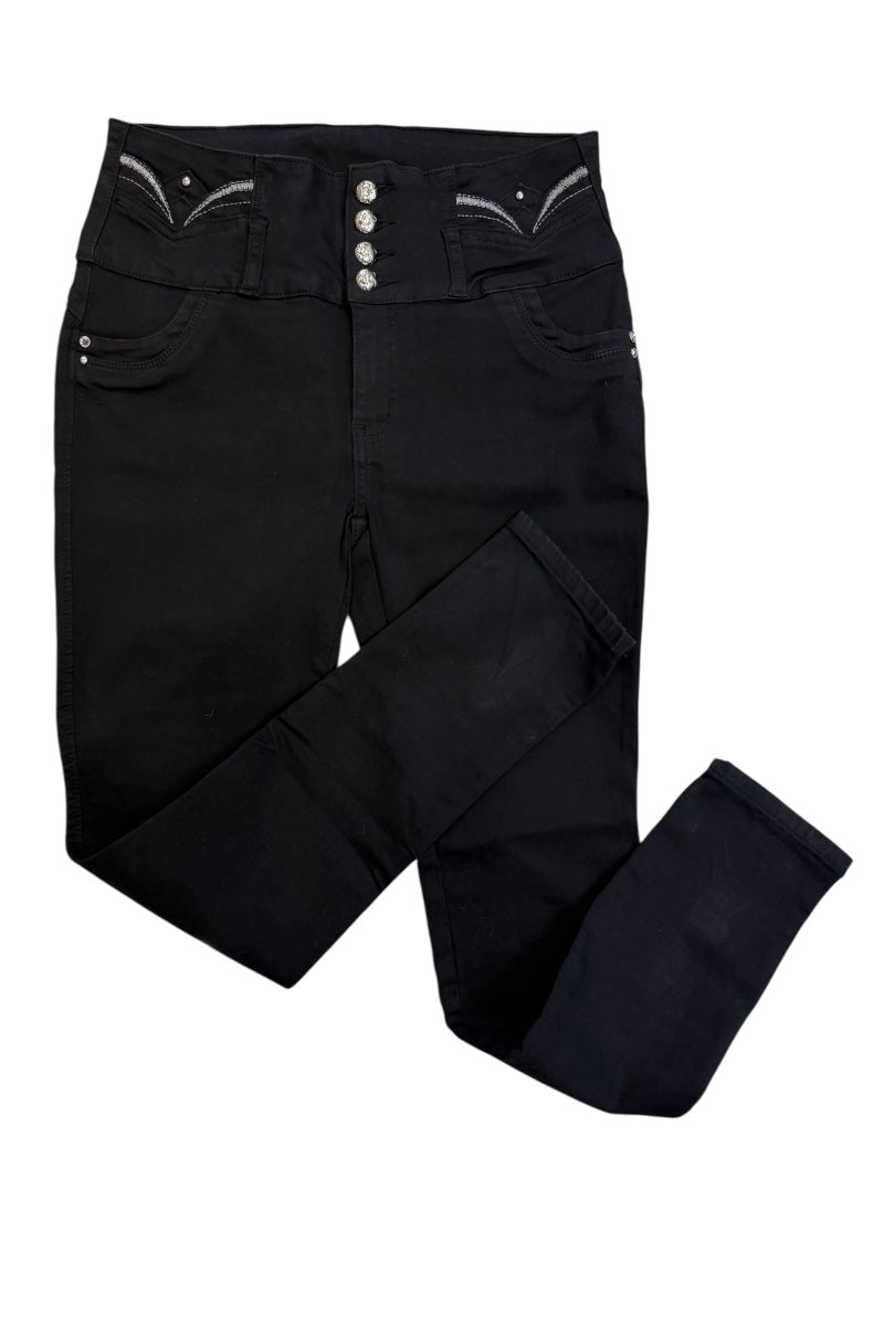 Black denim jeans with silver embroidered stitching and decorative buttons on the front waistband, laid flat on a white background.