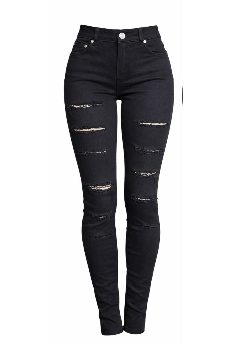 Black distressed jeans on a white background