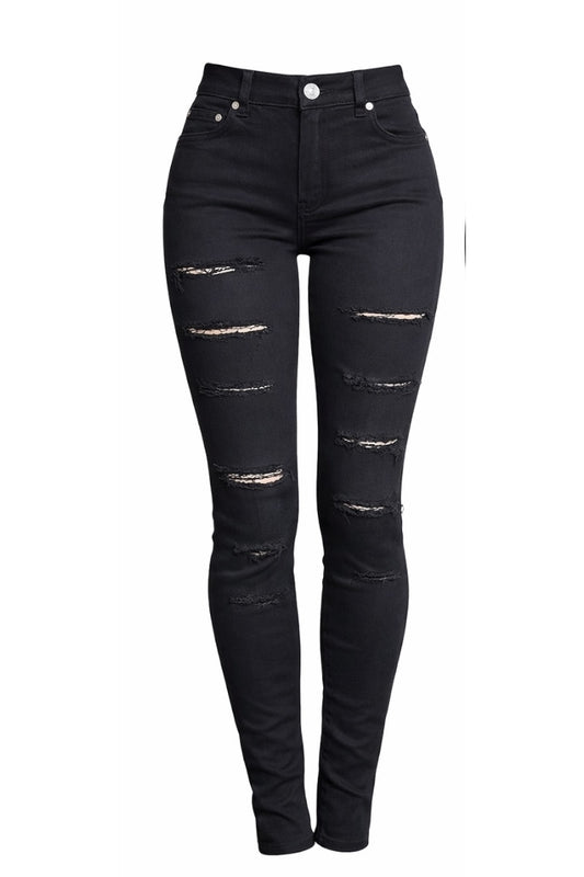 Black distressed jeans on a white background