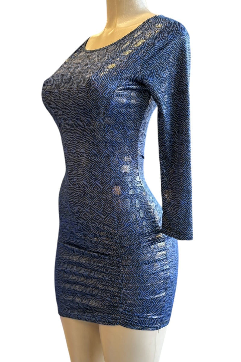 Blue dress on a mannequin against a white background