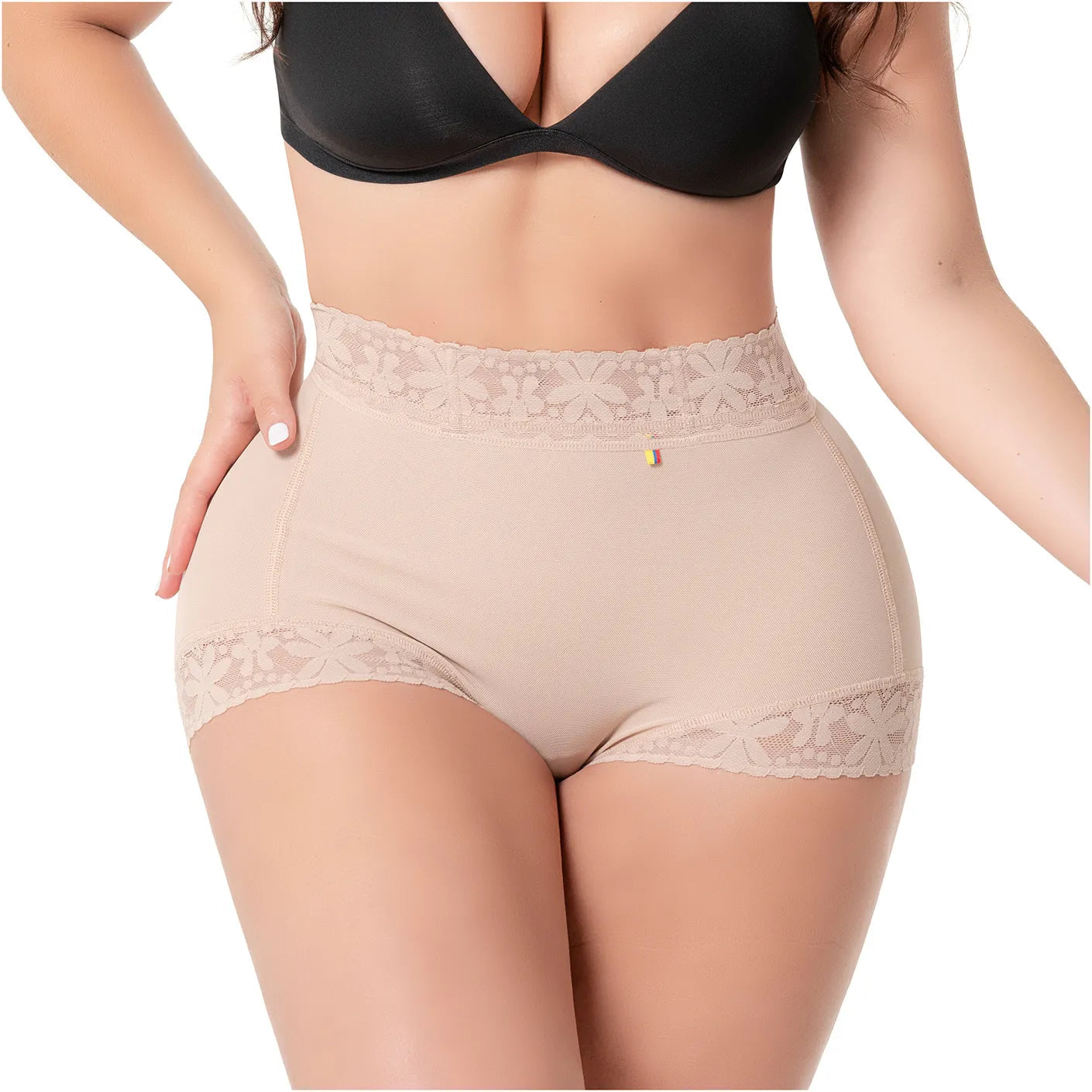 Beige high-waisted underwear with lace trim on a white background