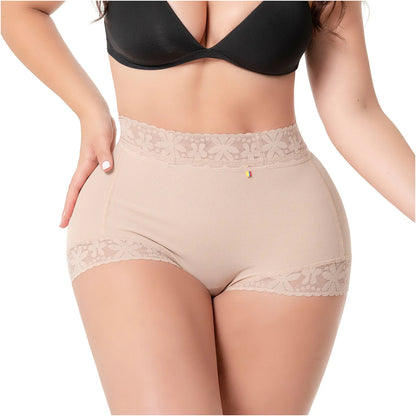 Beige high-waisted underwear with lace trim on a white background