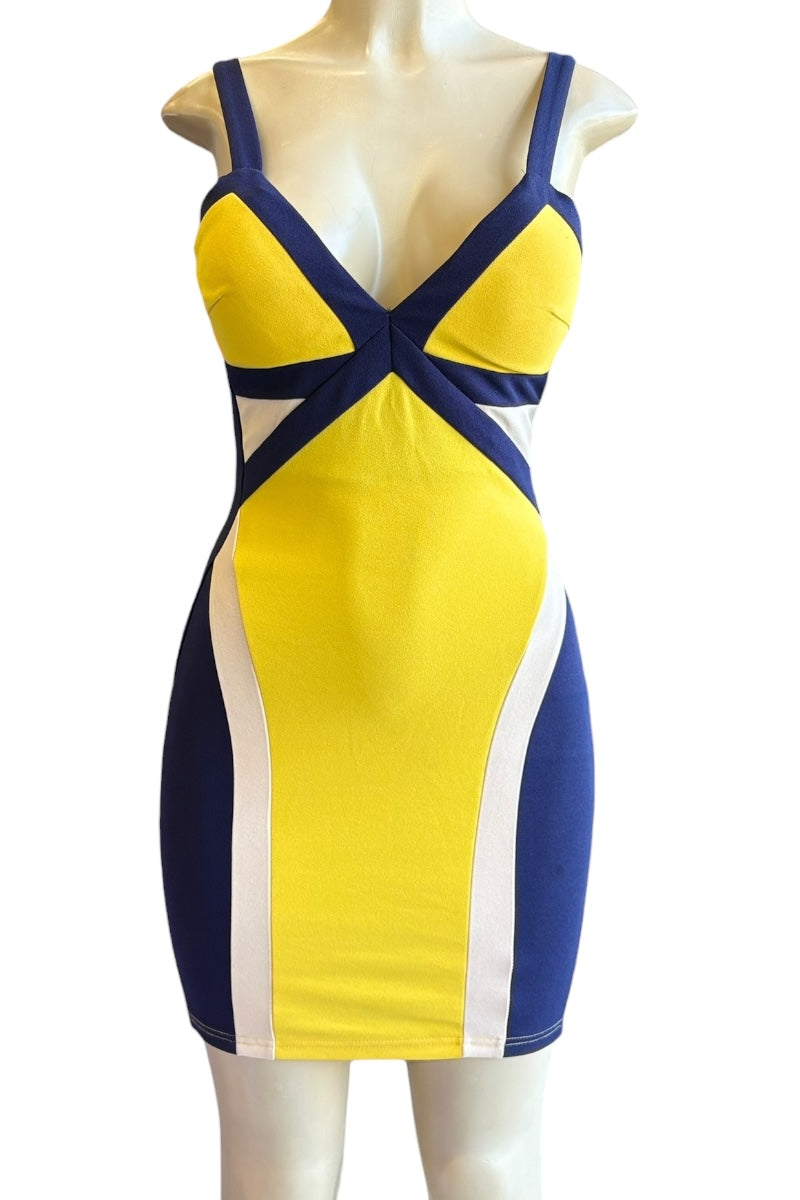 Yellow and blue dress on a mannequin against a white background
