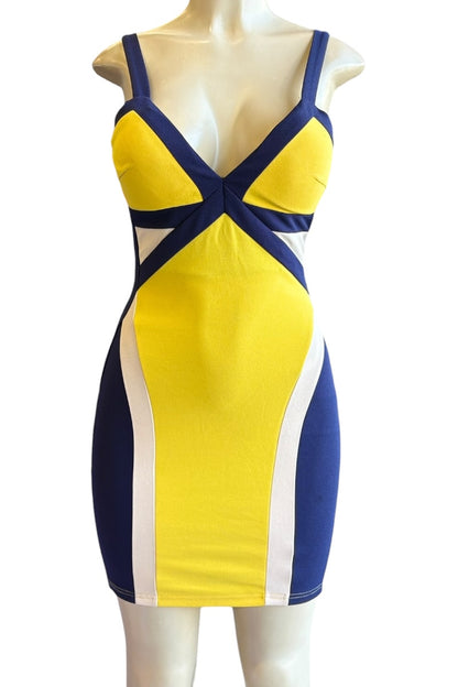 Yellow and blue dress on a mannequin against a white background