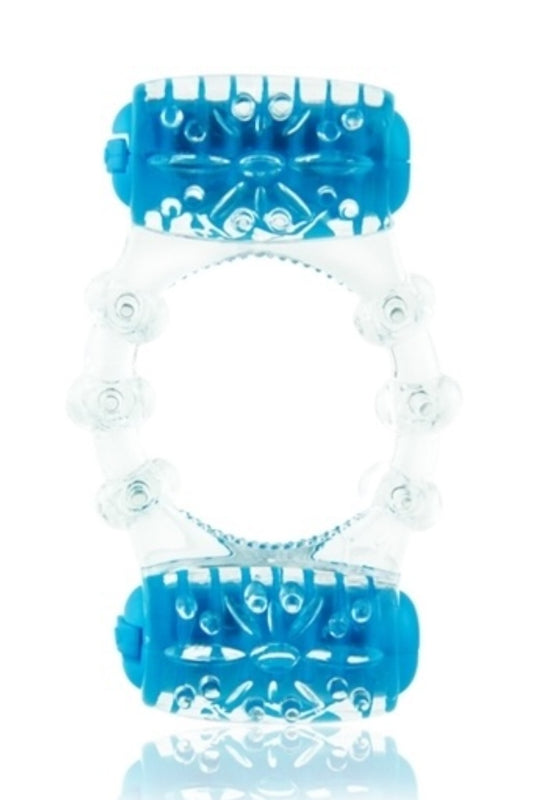 Blue and clear silicone ring with textured design on a white background