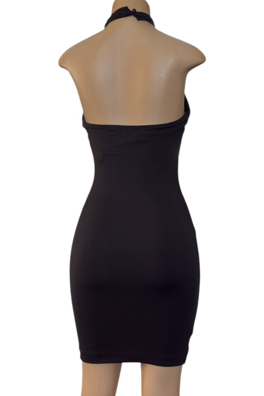 Black halter neck dress on a mannequin with a white background