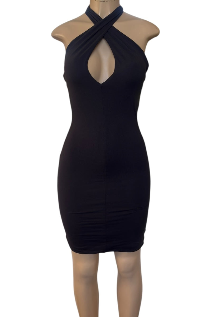 Black halter neck dress on a mannequin against a white background