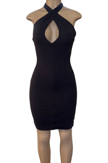 Black halter neck dress on a mannequin against a white background