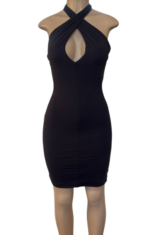 Black halter neck dress on a mannequin against a white background