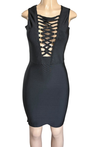 Black dress with lace-up back on a mannequin against a white background
