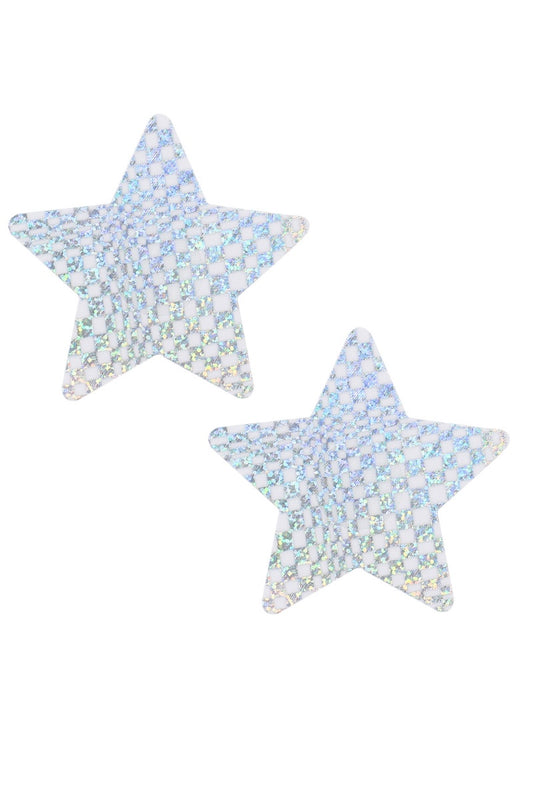 Two star-shaped pasties with a checkered pattern on a white background