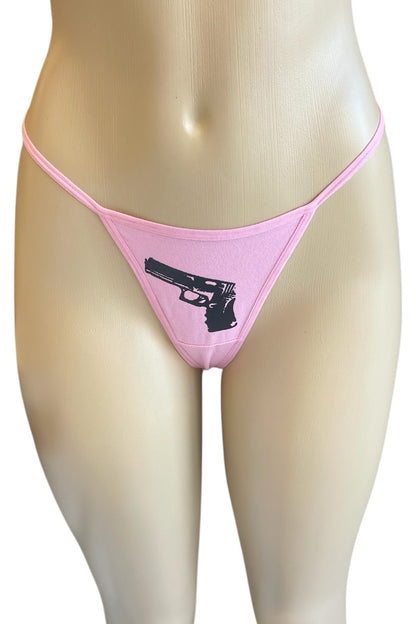 Pink thong with a design on a mannequin against a white background