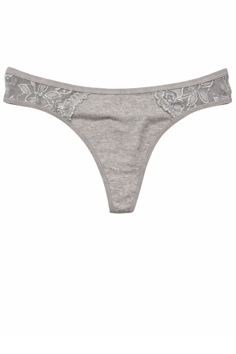 Gray thong with floral embroidery on a white background