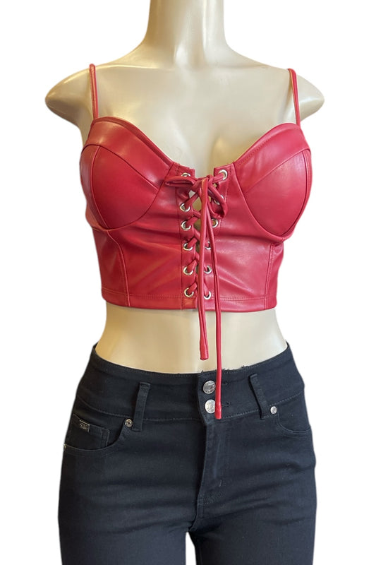 Cross The Line Faux Leather Lace-Up Tank Top - Burgundy