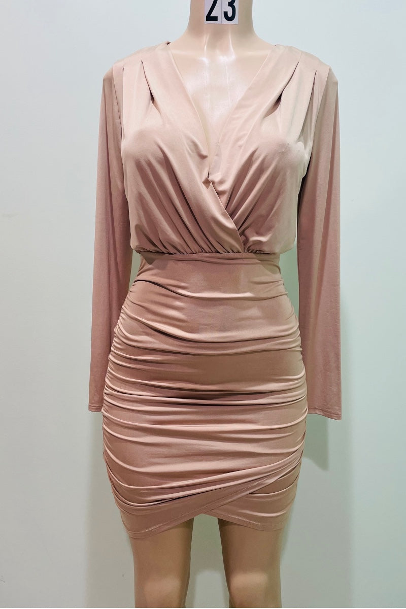 Cross Wrinkled Long Sleeve Dress #VD5777 