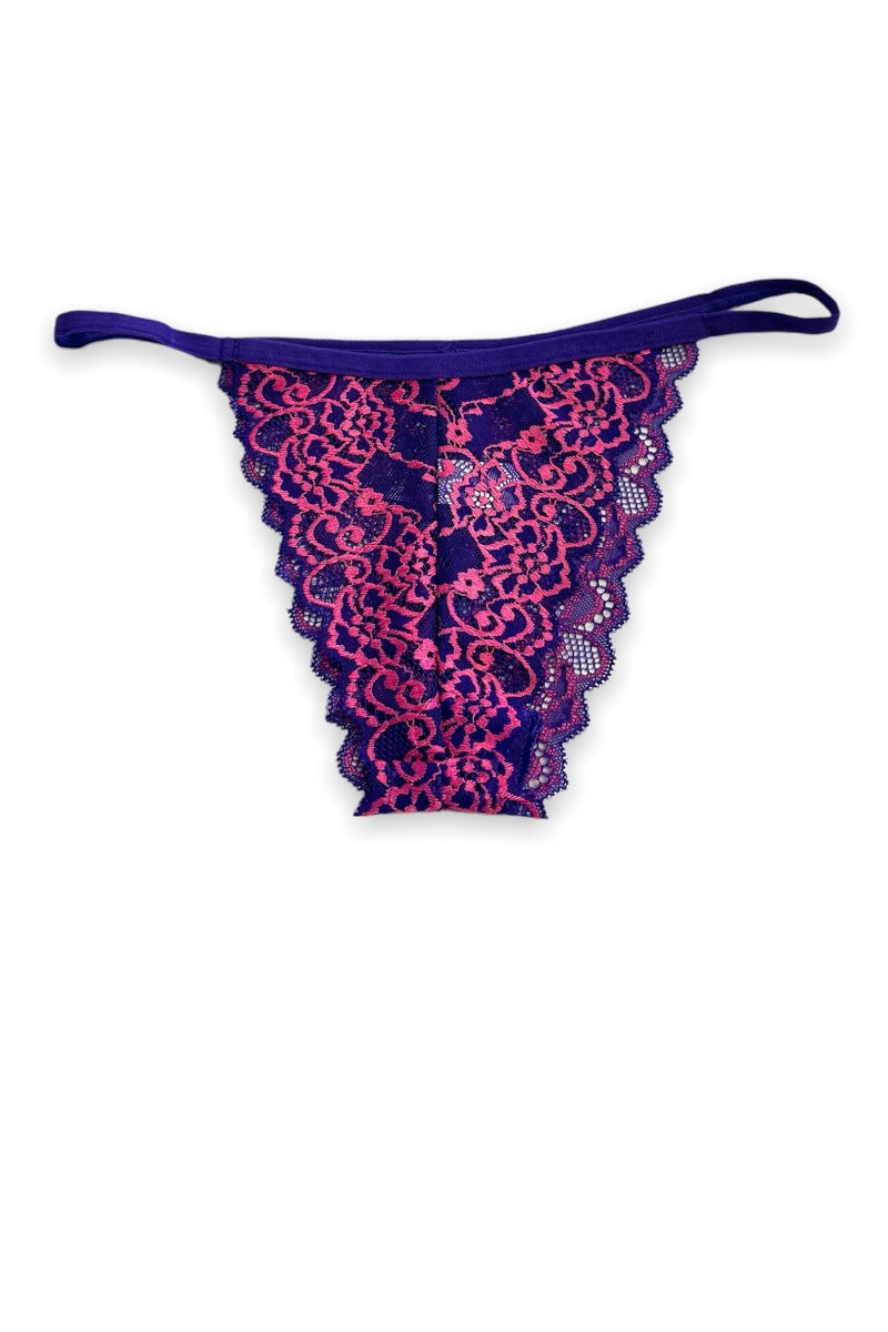 Purple lace thong on a white background