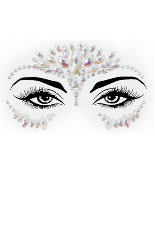 Decorative face paint design with eyes and embellishments on a white background