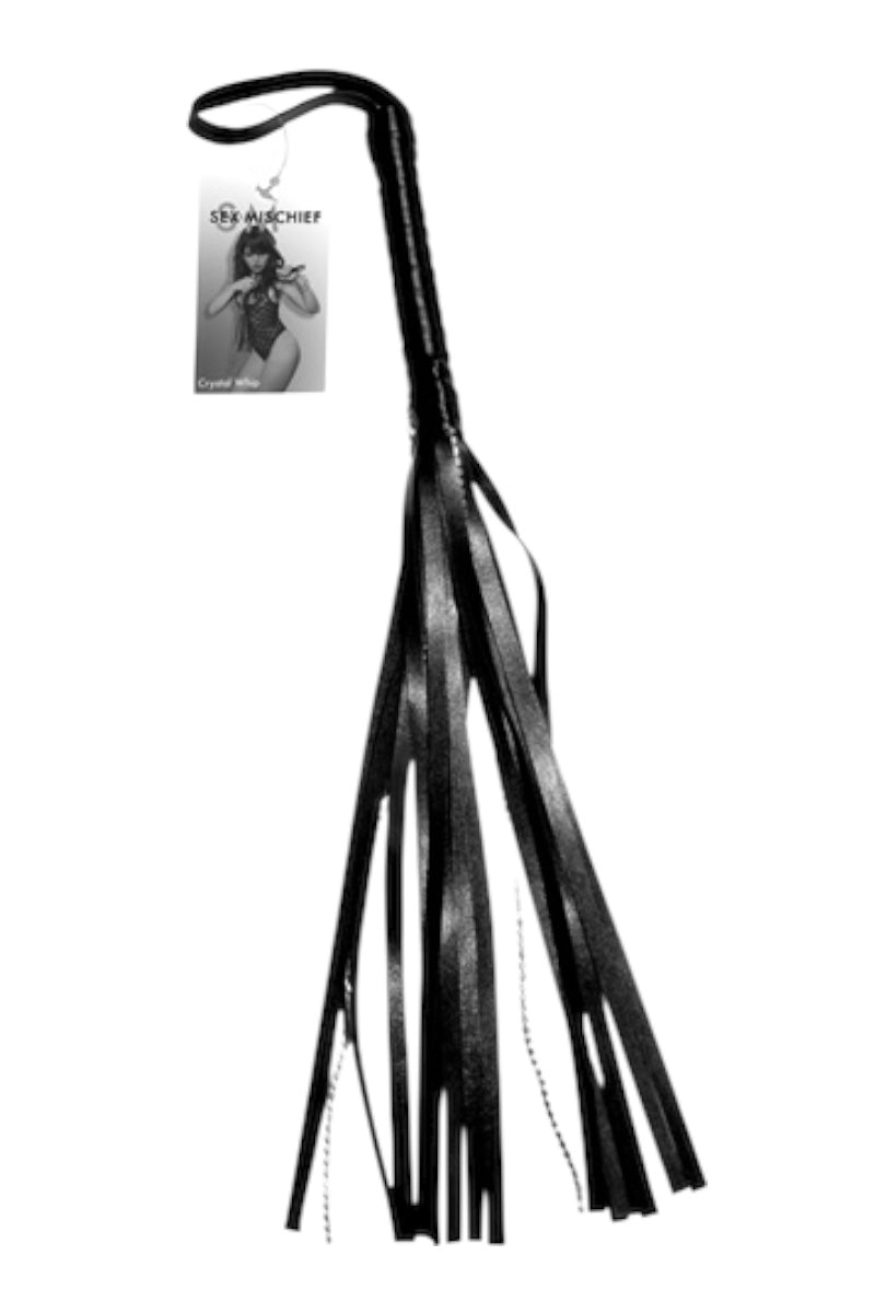 Black leather flogger with a brand tag on a white background