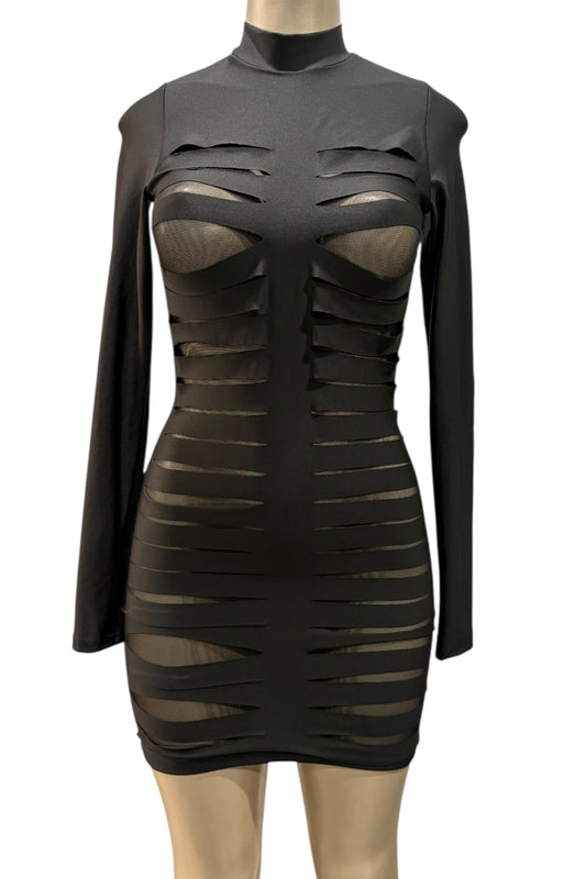 Black dress with cut-out design on a mannequin against a white background