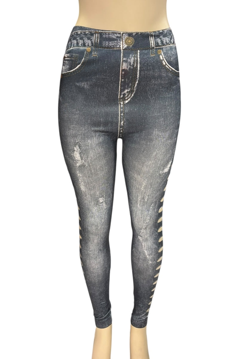 Distressed print leggings on a white background