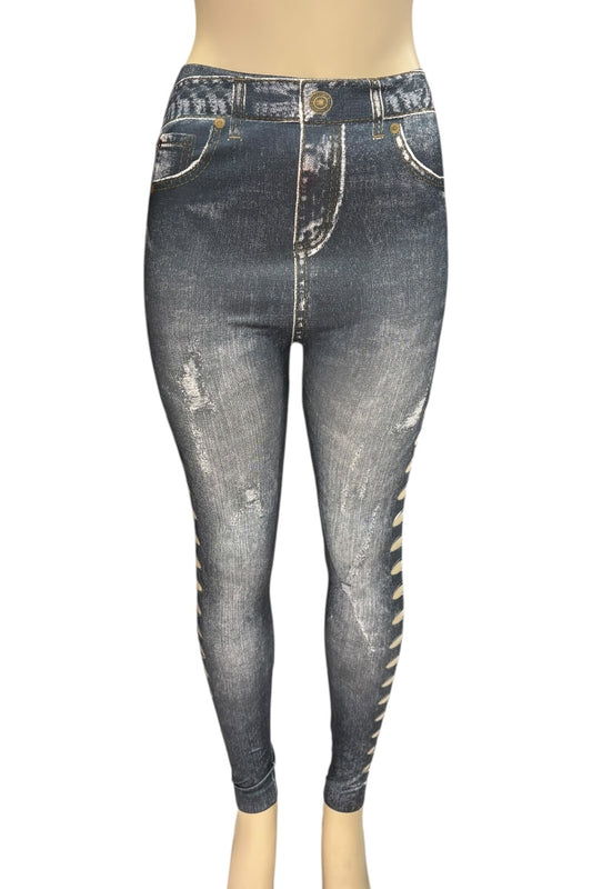 Distressed print leggings on a white background