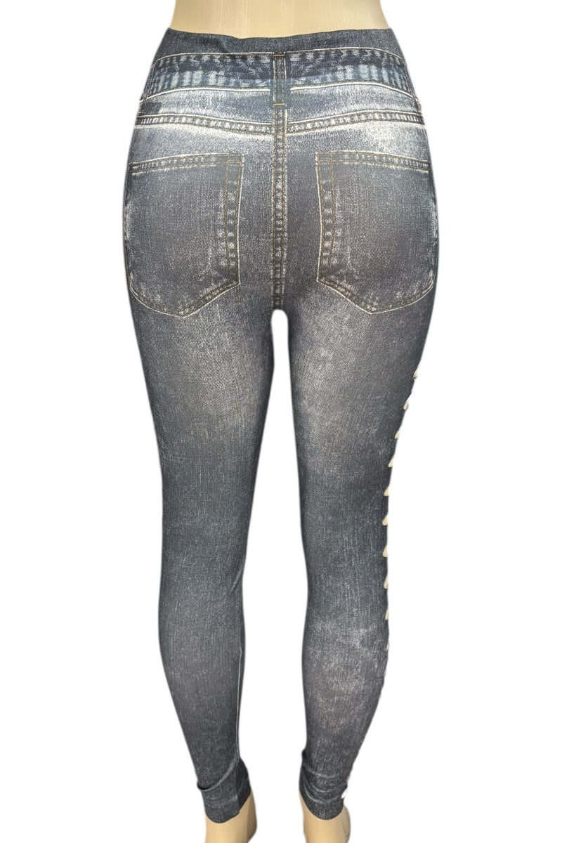 denim leggings on a white background