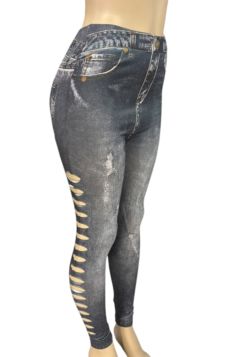 Distressed denim leggings on a mannequin against a white background