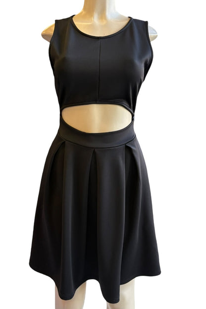 Black sleeveless dress on a mannequin against a white background