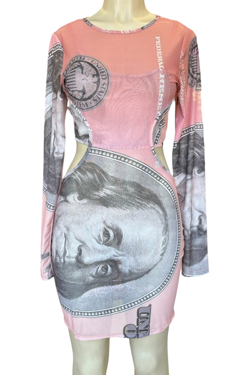 Dress with dollar bill print on a mannequin against a white background