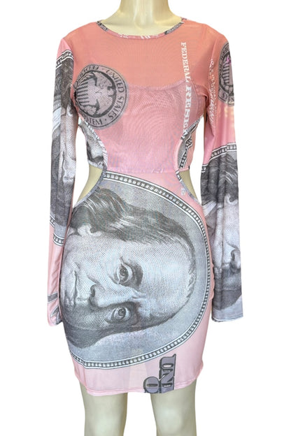 Dress with dollar bill print on a mannequin against a white background