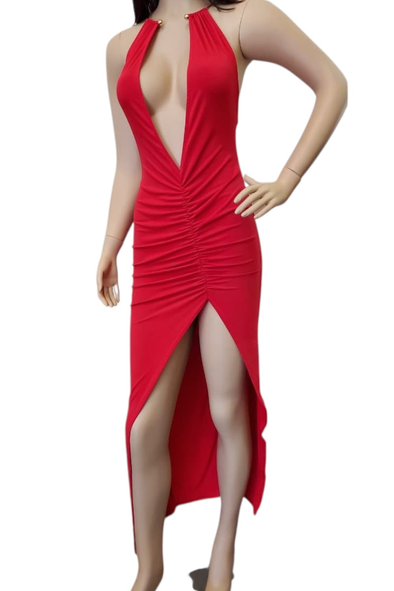 Red dress with a plunging neckline and high slit on a white background