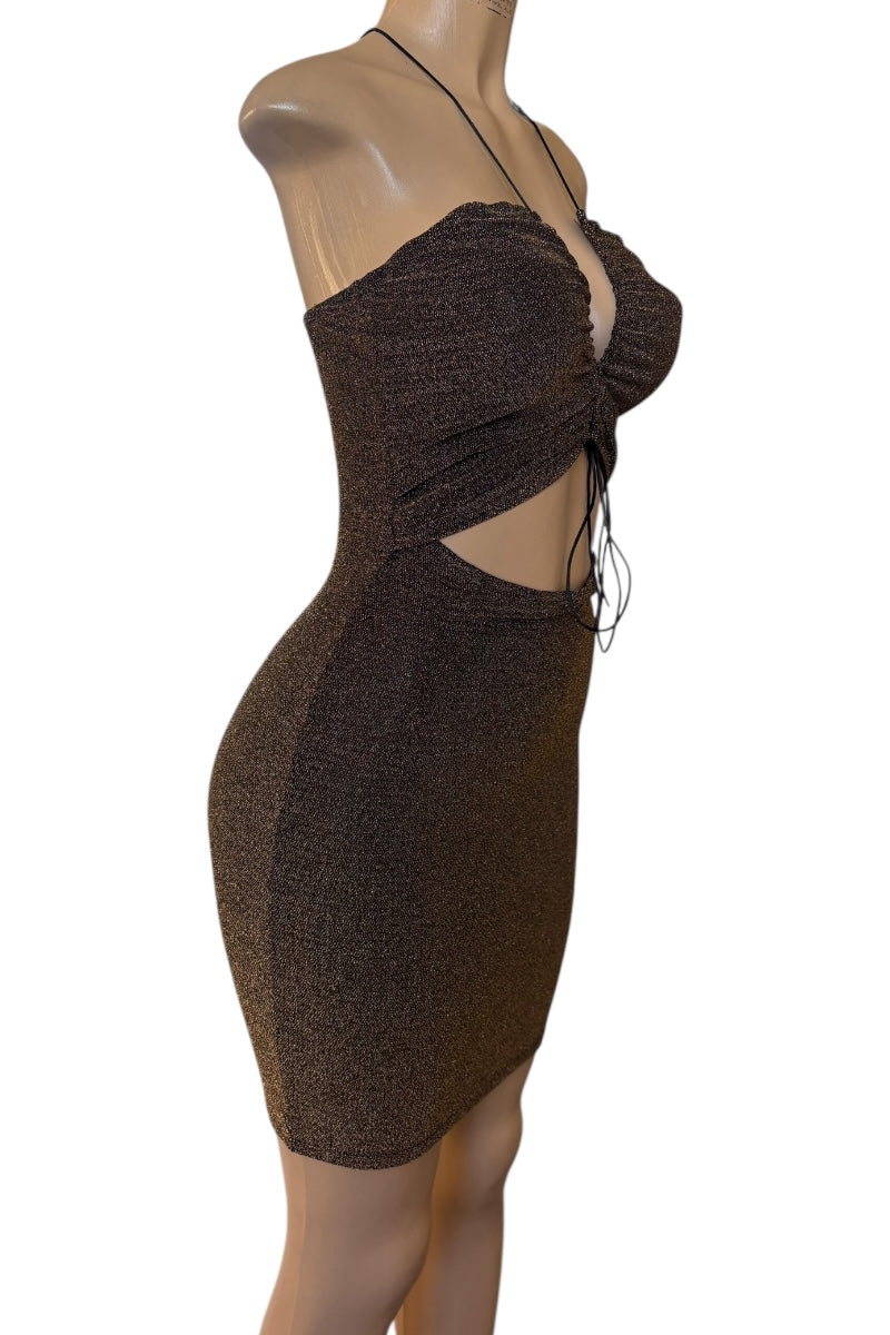 golden dress with cut-out design on a mannequin against a white background