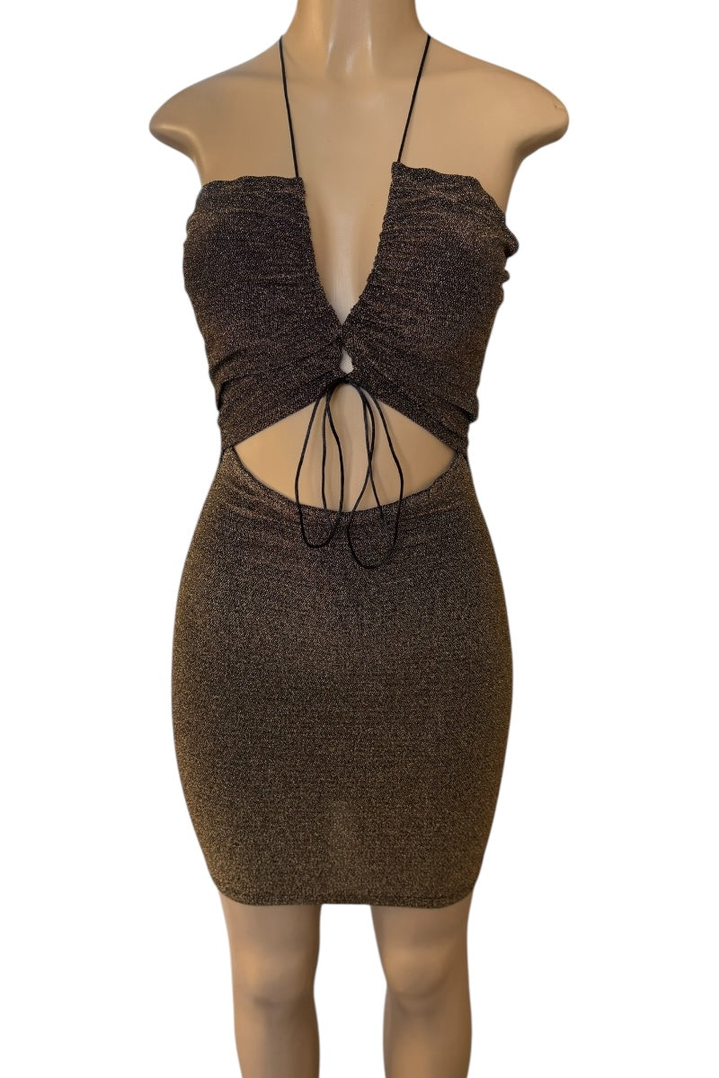 golden dress with cut-out design on a mannequin against a white background