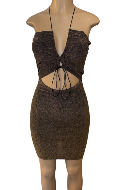 golden dress with cut-out design on a mannequin against a white background