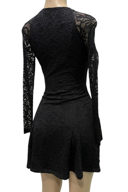 Black lace dress on a mannequin with a white background