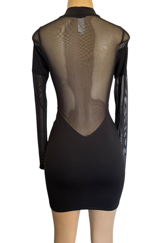Black dress with mesh back on a mannequin against a white background