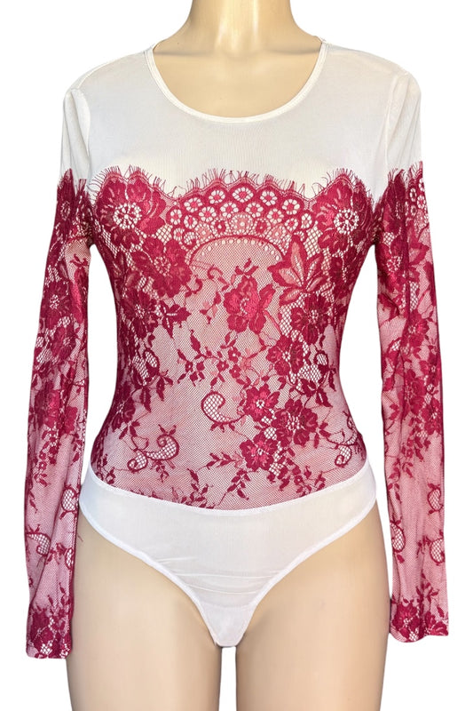 Cream bodysuit with burgundy  floral lace overlay on a mannequin against a white background