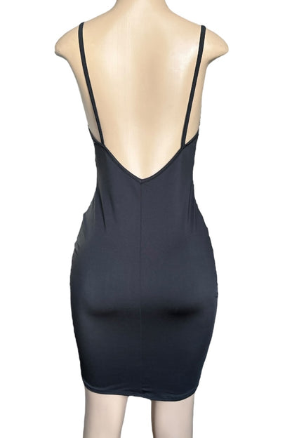 Black dress on a mannequin with a white background