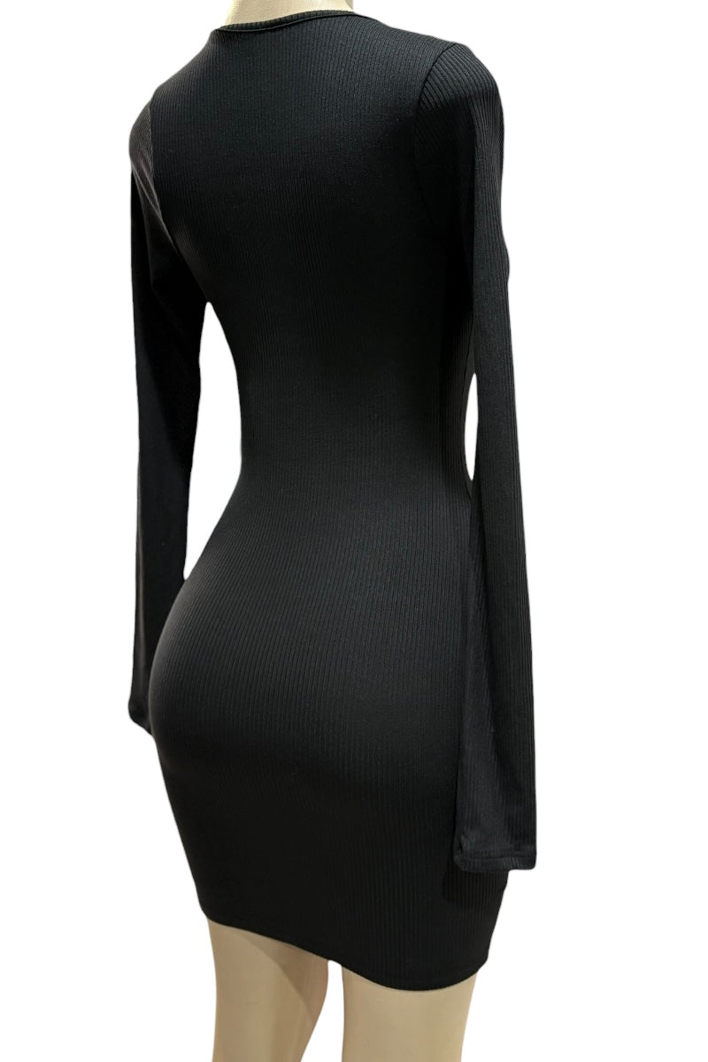 Black long-sleeve dress on a mannequin against a white background