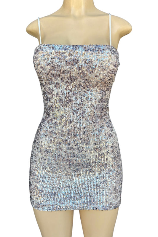 Taupe sequin dress on a mannequin against a white background