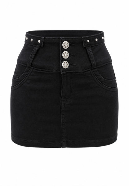 Black Button Front Mini Skirt with a white background