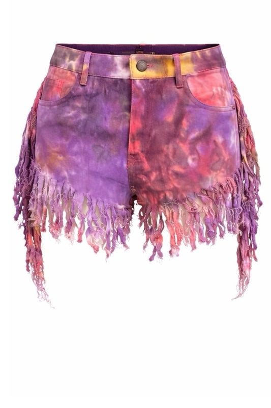 Tie-dye shorts with fringe details on a white background