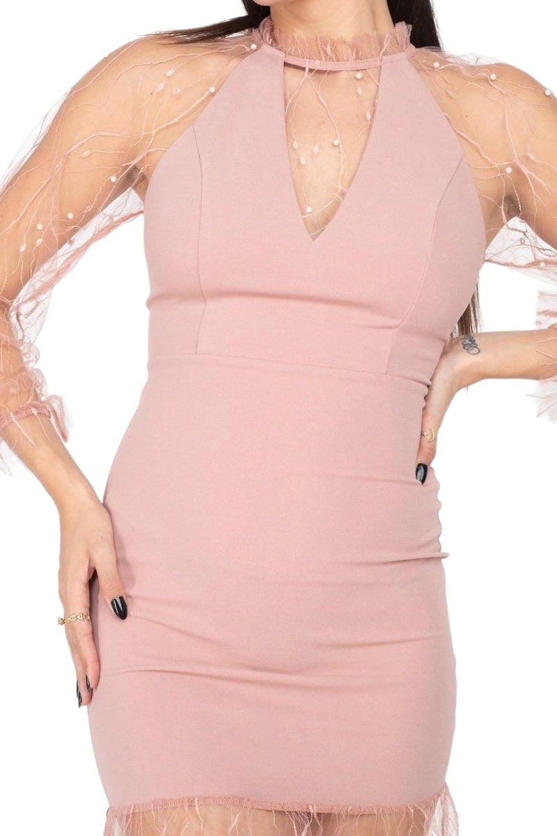 Pink dress with sheer sleeves on a white background